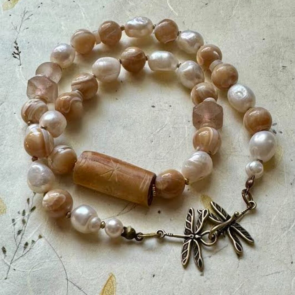 Statement  Necklace: Handmade :Pearls, Snail Shell beads, Sea glass
